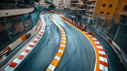 A high-angle view of a chicane on a Formula 1 racetrack, surrounded by barriers and painted lines