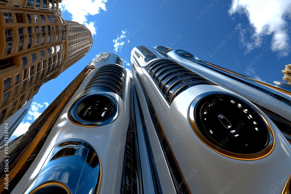 Poster 3D digital rendering of a futuristic Objectivist city, with clean lines and towering structures representing individual achievement and rational design