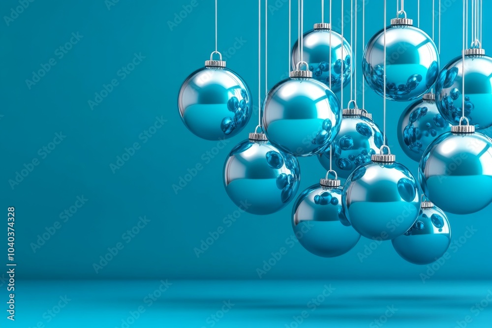 Poster 3D digital rendering of cerulean spheres, floating in space with soft shadows and light reflections, creating a futuristic, abstract scene