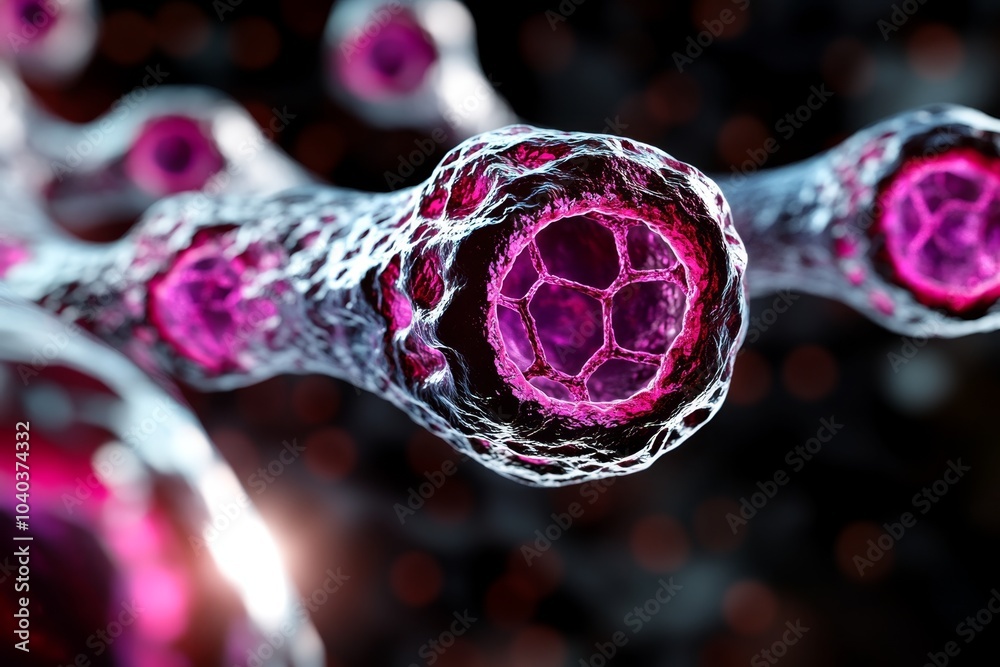 Poster 3D digital rendering of a human cell membrane, with floating ion channels and dynamic movements of ions passing through the membrane