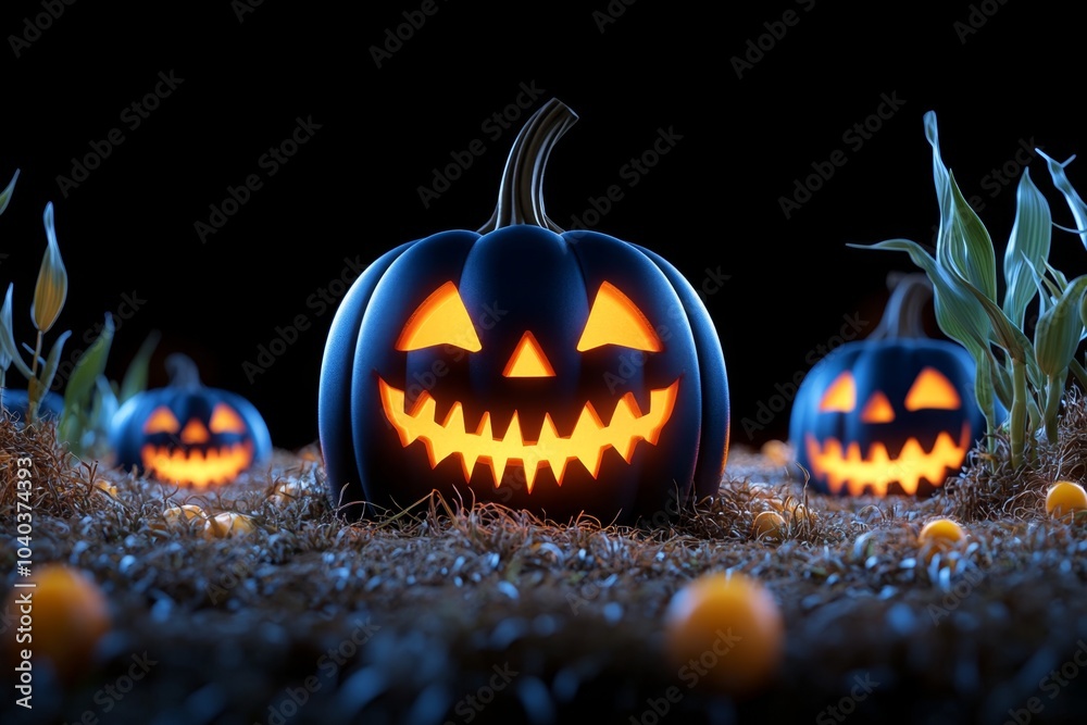 Poster 3d digital rendering of glowing jack-o'-lanterns, with friendly, smiling faces arranged in a festive