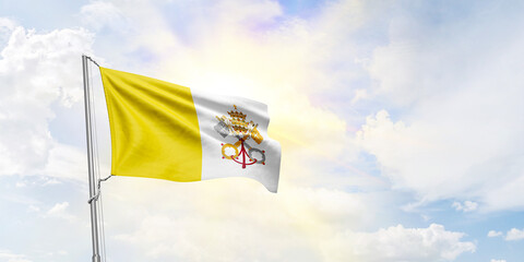 Vatican City Holy See flag waving on sky background. 3D Rendering
