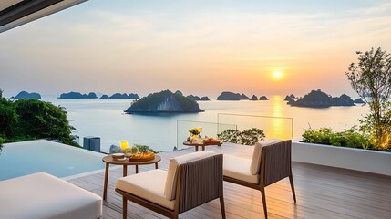A stunning luxury terrace overlooking the ocean at sunset, featuring comfortable seating, a private pool, and picturesque islands in the distance, perfect for relaxation.