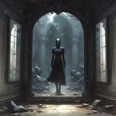 Illustration of spooky person in creepy environment.