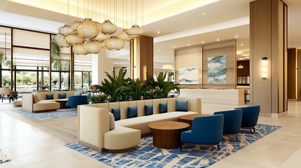 Bright and spacious hotel lobby featuring contemporary furniture, a cozy seating area, elegant lighting fixtures, and lush indoor plants.