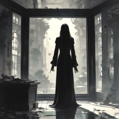 Illustration of spooky person in creepy environment.