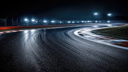 Formula 1 track under the night sky with glowing lights illuminating every curve and detail of the asphalt