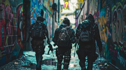 Cyberpunk gang members in a graffiti-covered alley
