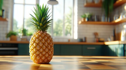 A single ripe pineapple sits on a wooden countertop in a modern kitchen.