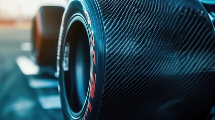 Close-up of a Formula 1 car's carbon fiber spoiler and tire, highlighting precision engineering and texture