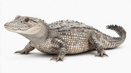 Naklejka premium A small alligator with brown and green scales, a long snout, and sharp teeth, is isolated on a white background.