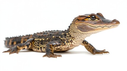 Fototapeta premium A small alligator with brown and yellow scales, looking to the right, isolated on a white background.