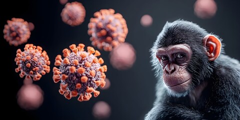Sick monkey and orthopoxvirus MPOX cells. Transmission monkeypox virus viral of animals to humans. Pox viral infection. Smallpox vaccine, control spread of disease. Science and medical concept