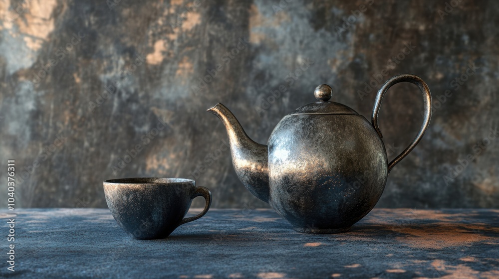 Poster a vintage tea kettle sits beside an elegant cup on a textured surface, creating a warm and inviting 
