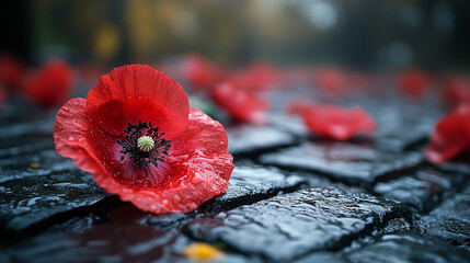 A vibrant red poppy rests on dark, wet cobblestones with other petals scattered around.