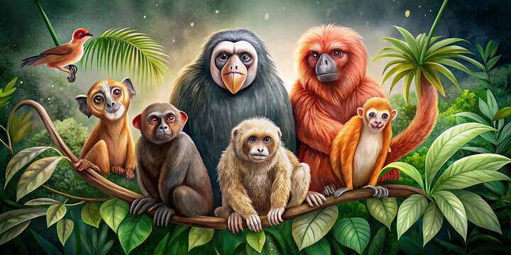 Watercolor Wild Animals for Educational Cards: Uakari, Umbrellabird, Unau, Sloth, Urial in Low Light Photography