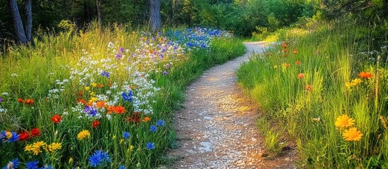 A winding gravel path through a field of colorful wildflowers in a meadow on a sunny day.