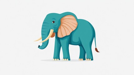 Obraz premium A teal-colored elephant with large ears, long tusks, and a small tail stands on a white background.