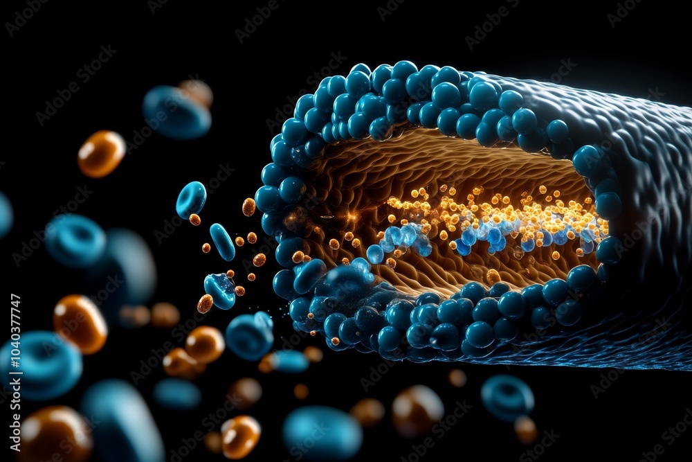 Poster Close-up of a human cell membrane, showing lipid bilayers and ion channels embedded in the membrane, with ions passing through in real time