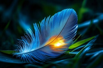 Close-up of a cerulean feather, with soft textures and a delicate, ethereal glow from the light filtering through