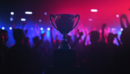 Trophy award competition in the dark on the abstract blurred light background with copy space
