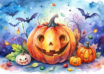 Whimsical Halloween Pumpkin Watercolor Art for Festive Clip Art Designs