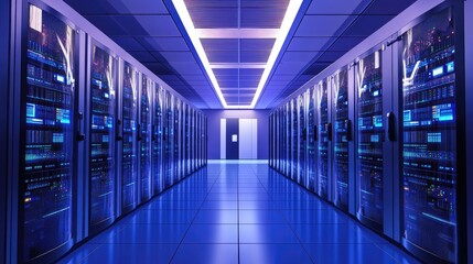 Fototapeta premium Futuristic data center with high-tech server racks illuminated by blue lighting