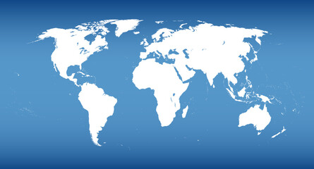 World map with steel blue gradients. White silhouette of the landmasses of the world except Antarctica, with a blue gradient that gets darker at the top and bottom, to use as background. Illustration.