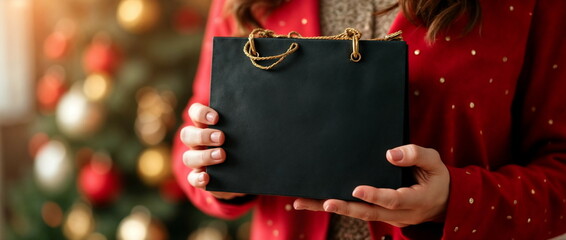 Woman Holding Black Sale Bag Against Red Background, ideal for holiday shopping promotions, festive sales, or retail campaigns