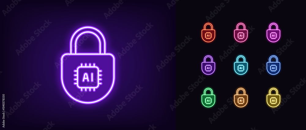 Poster outline neon ai security, icon set. glowing neon digital lock with ai chip, cybersecurity control wi