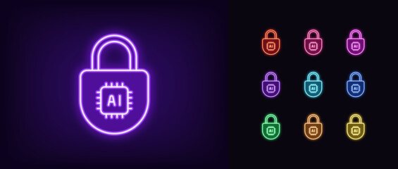Outline neon AI security, icon set. Glowing neon digital lock with AI chip, cybersecurity control with AI algorithms. Artificial intelligence in data protection system, private safety. Vector icons