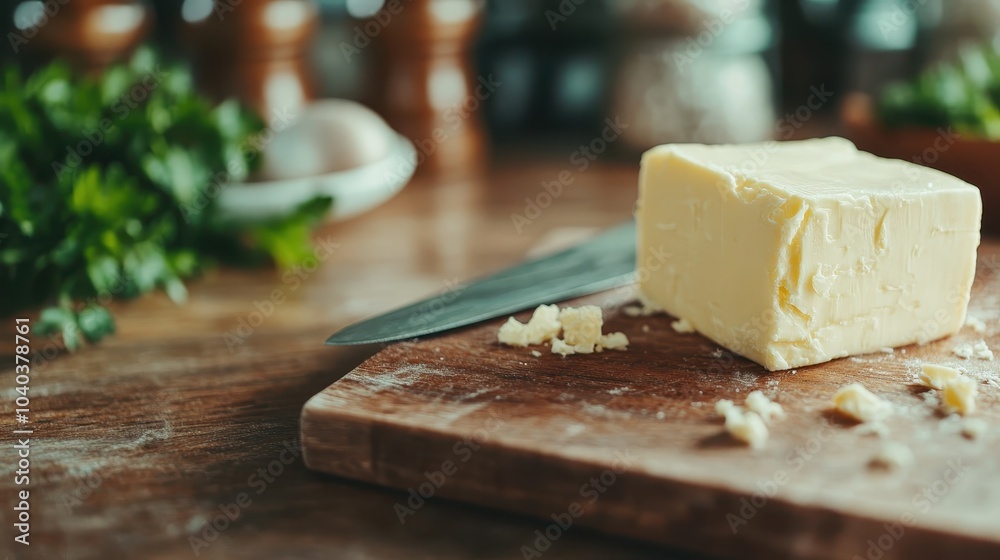 Wall mural a close-up image of a butter slab resting on a wooden board beside a knife, with a blurred backgroun