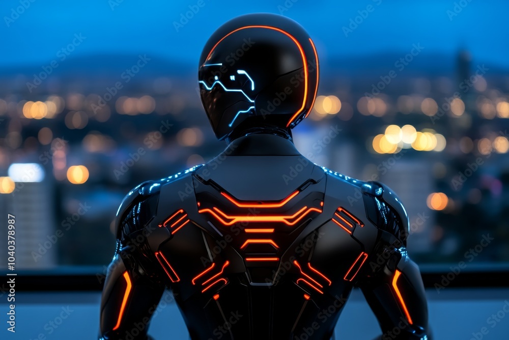 Poster cyberpunk figure standing on a rooftop, gazing over a high-tech city, representing the individual na