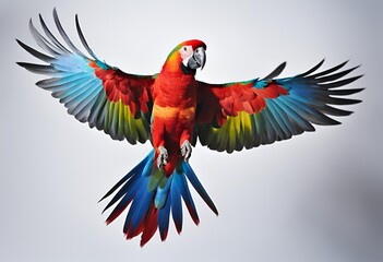 Obraz premium A colorful parrot is flying, wings spread wide, isolated on a white background, perfect for nature, wildlife, and exotic decor