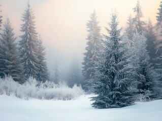Obraz premium Frosty winter landscape featuring a snowy forest with fir trees and a soft focus background