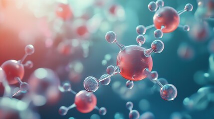 A detailed close-up 3D rendering of a molecular structure featuring red atoms and bonds, representing molecular science and chemistry.
