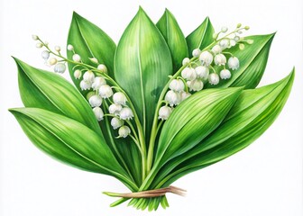 Obraz premium White Lily of the Valley Flowers on Green Stem - Realistic Botanical Watercolor Illustration