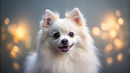Obraz premium White Pomeranian Dog Portrait on Grey Background - Cute Pet Photography