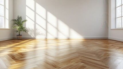 A sunlit empty room with herringbone wooden flooring, two large windows, and a potted plant casting shadows. Warm, bright, and inviting atmosphere fills the space.