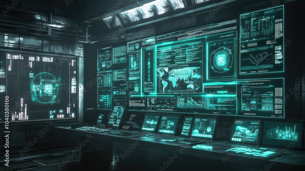 Poster futuristic control center with advanced technology interfaces and data visualization displays