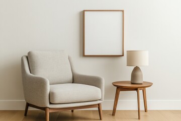 A cozy armchair beside a side table with a lamp and a blank poster frame in warm evening light