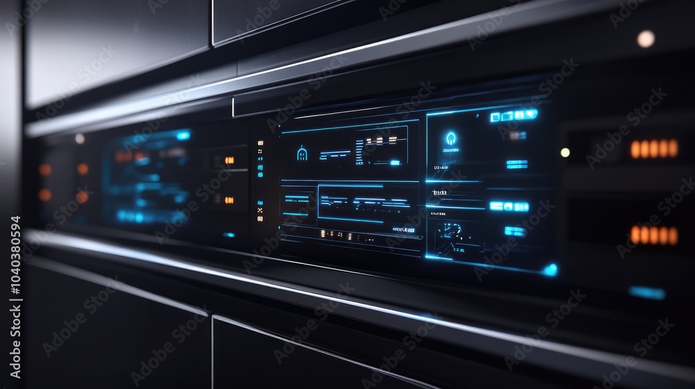 Poster futuristic interface of a high-tech server displaying advanced digital data
