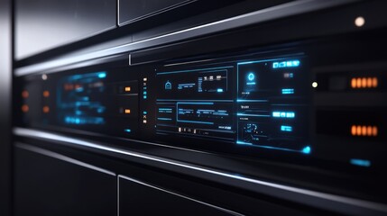 Futuristic interface of a high-tech server displaying advanced digital data