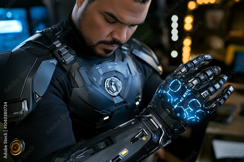 Poster engineer repairing a cyberpunk-style mechanical arm, in a dark, futuristic setting filled with high-