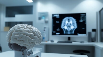 An advanced neuroscience laboratory with brain scanning equipment and neuroscientific research tools, Clinical style, photo of