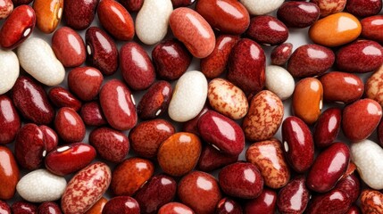 A diverse and vibrant assortment of colorful beans scattered closely together, showcasing different textures and hues, creating an interesting visual pattern.