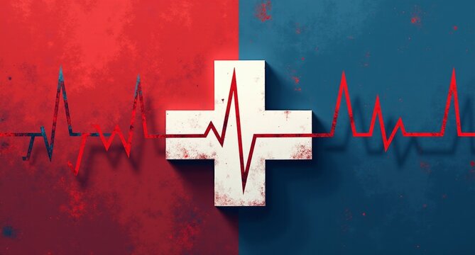 Healthcare reform in red, white, and blue with sharp contrasts, medical cross, and heartbeat lines representing national healthcare priorities. The bold imagery is enhanced by spatial layering and str