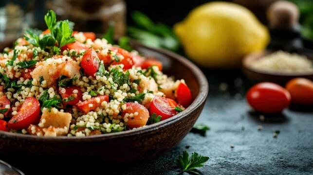 A vibrant dish of couscous salad mixed with cherry tomatoes, fresh parsley, and lemon, beautifully arranged in a rustic ceramic bowl on a dark textured background.