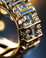 Naklejka premium A close-up view of some radiant gold jewelry glistening with diamonds that sparkles in the morning sun. 