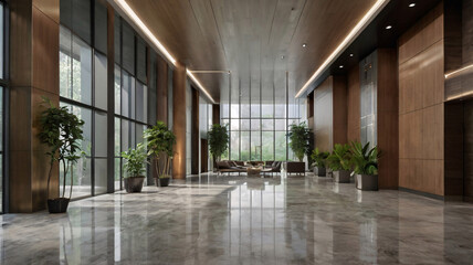 Obraz premium elegant lobby with natural lights and greenery, morning view in office, Elegant Minimalist Lobby with Natural Light and Greenery